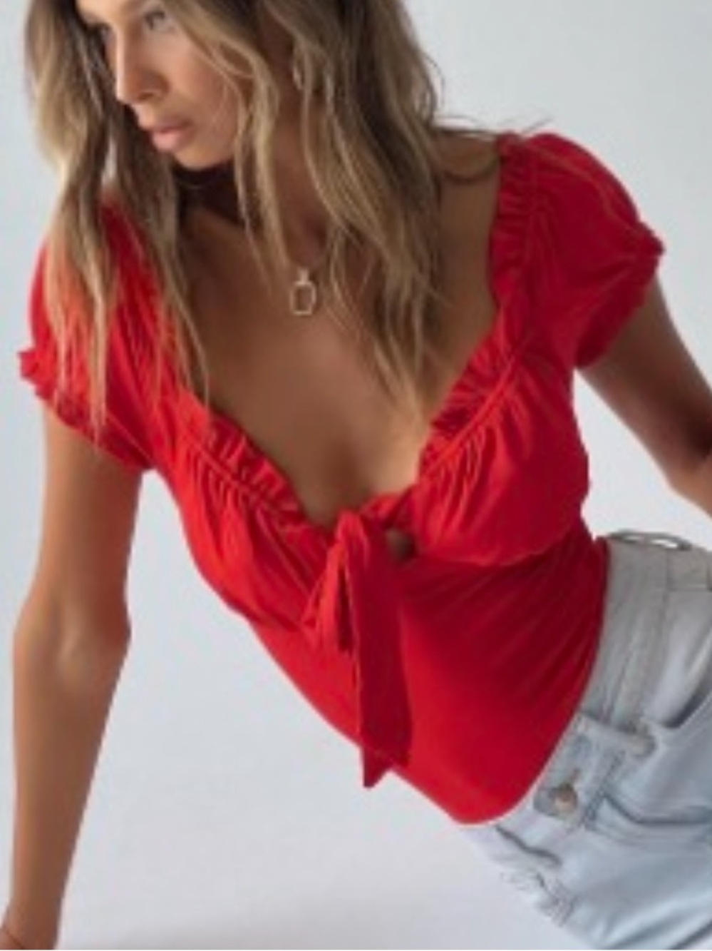 Princess Poly Medina Red Tie-Front Puff Sleeve bodysuit size 6